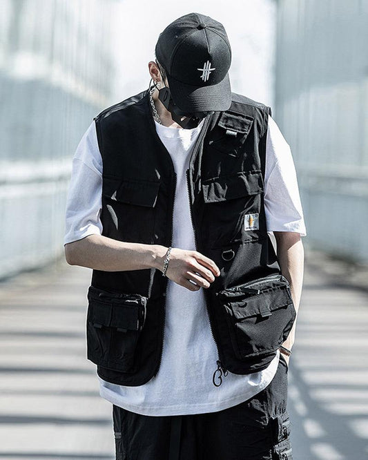 Gilet sans manches noir à poches multiples - gilet sans manches - Gilet sans manches noir avec poches pour un style pratique