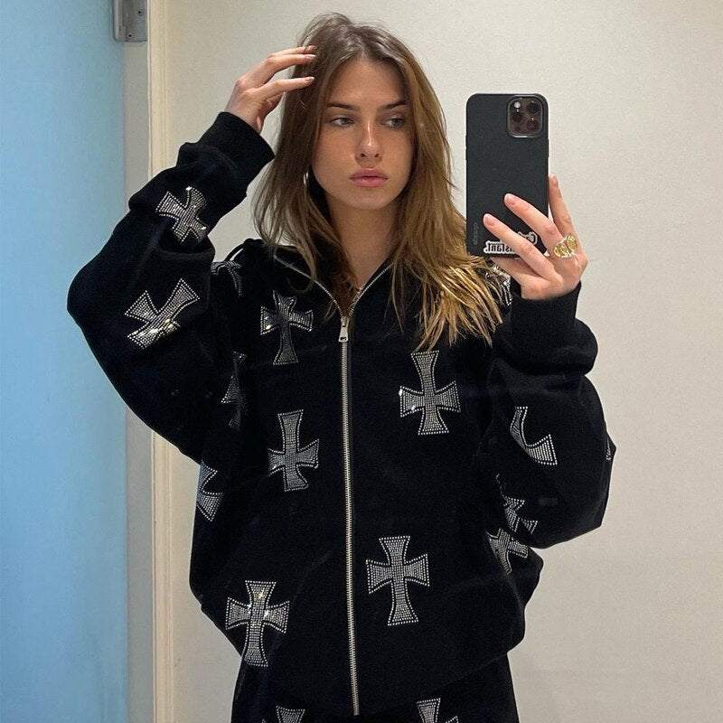Hoodie avec Croisé en Strass Brillant - hoodie - Hoodie Unisexe Gothique en Coton avec Strass