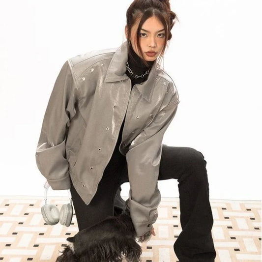 Veste en Cuir Y2K - veste mode années 2000 - Veste en cuir Y2K : audace et style intemporel