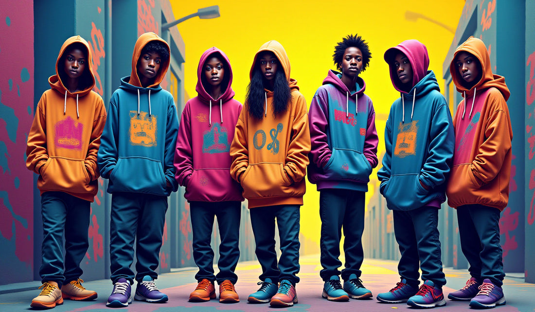 Modèles abstraits portant des hoodies oversize devant des graffitis urbains, vibrant d'énergie et d'esthétique Y2K, titre centré en typographie moderne