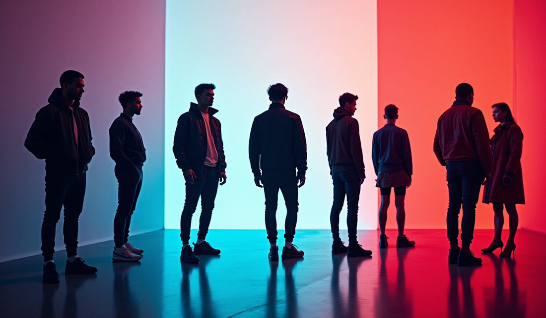 Silhouettes minimalistes de modèles en tenues techwear tendance, ambiance urbaine Y2K avec accents néon, inspirant confiance et style