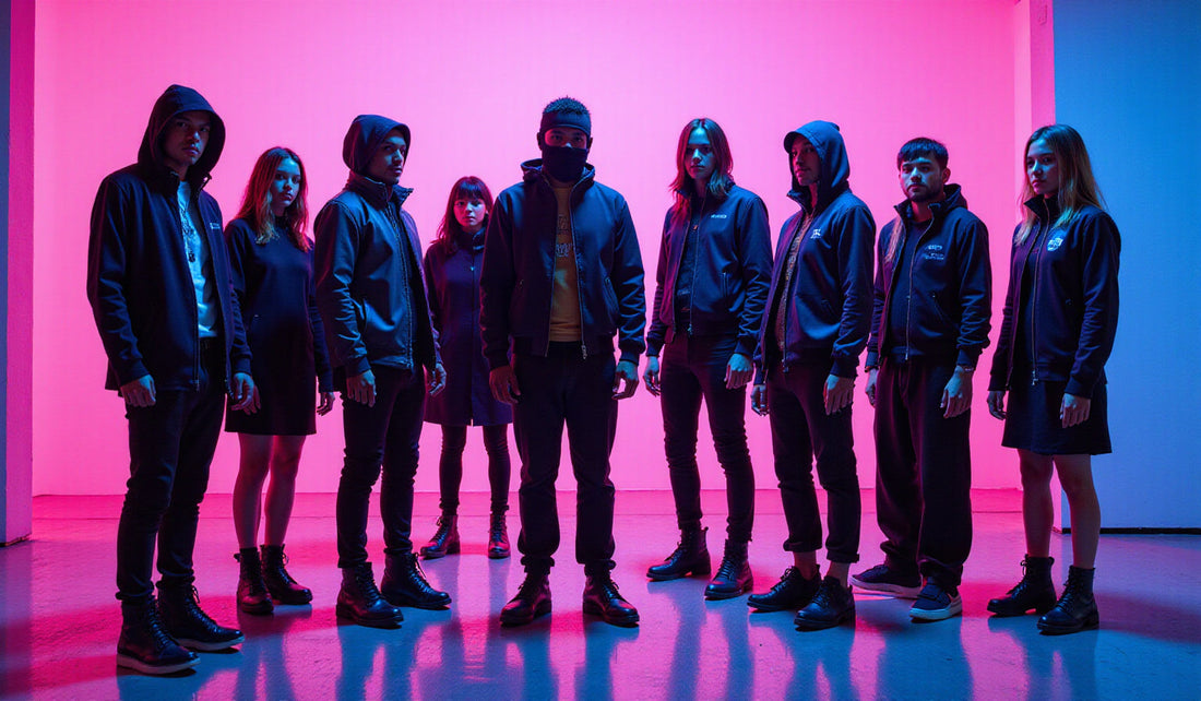 Silhouettes dynamiques en streetwear audacieux, fusionnant éléments techwear et néons, avec le titre "Le streetwear : une mode qui parle de nous" en typographie moderne