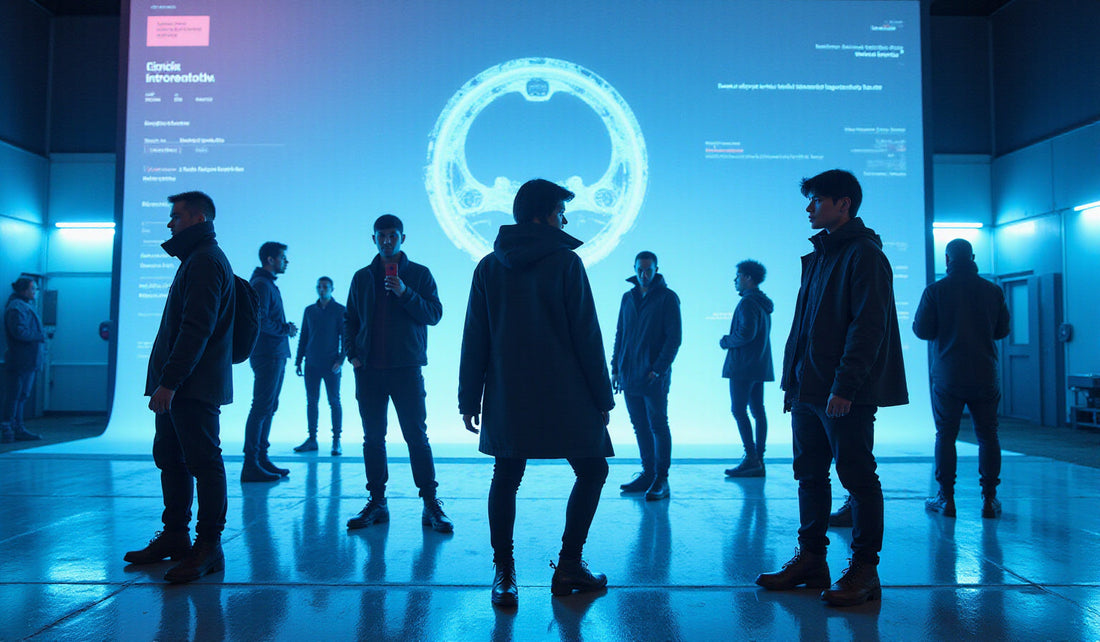 Typographie moderne au centre de l'image sur un fond urbain futuriste, silhouettes en techwear alliant Y2K et mode durable, ambiance néon dynamique