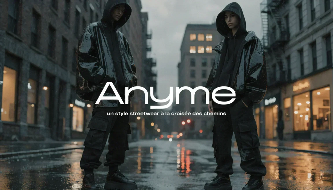 Titre centré Anyme : un style streetwear à la croisée des chemins, avec des modèles en tenues oversize noires dans un décor urbain, ambiance sombre et textures contrastées entre mat et brillant