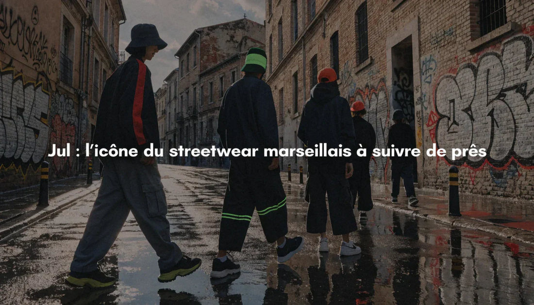 Silhouettes dynamiques en streetwear dans une ruelle marseillaise, titre Jul  l’icône du streetwear marseillais à suivre de près en typographie moderne