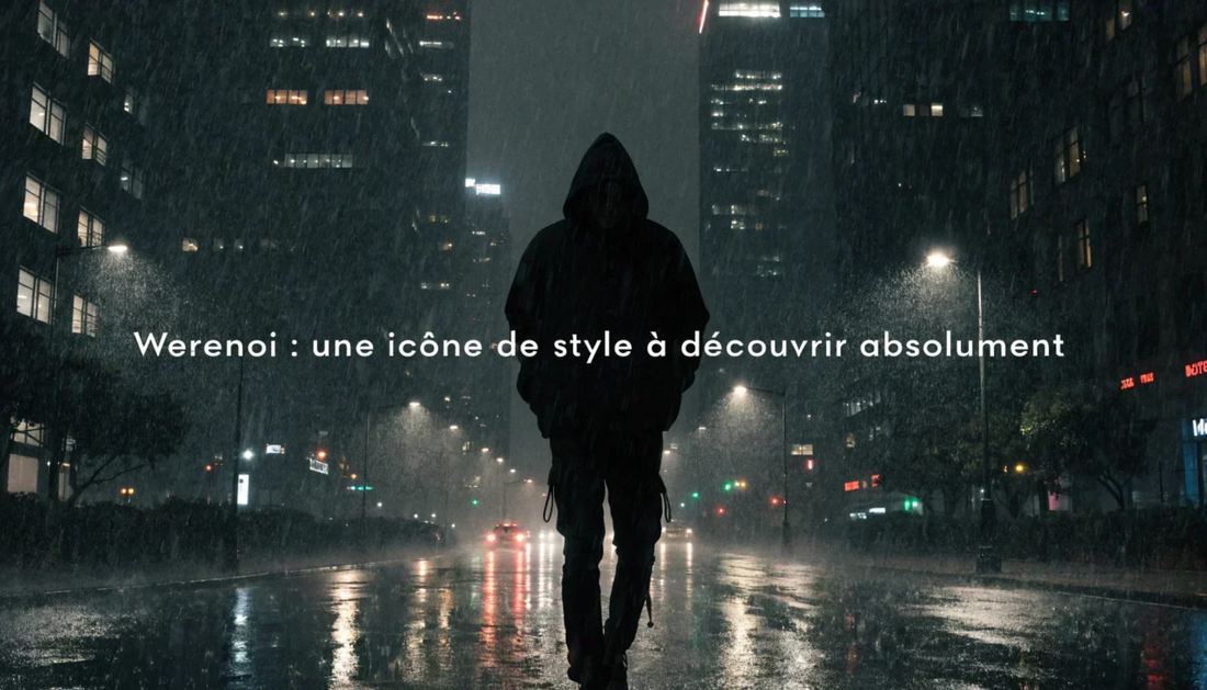 Silhouette urbaine en hoodie noir oversize et cargo dans un décor sombre, illuminée par des néons, titre "Werenoi : une icône de style à découvrir absolument" en typographie claire