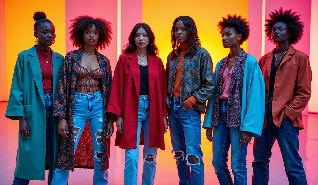 Silhouettes abstraites dans une scène urbaine dynamique, portant des kimonos oversize et des jeans déchirés avec des imprimés vibrants.