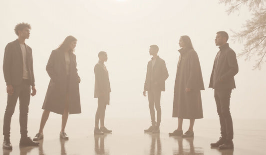 Silhouettes abstraites de modèles en tenue techwear moderne dans des tons doux, titre centré "Simplifier son quotidien avec une garde-robe capsule moderne"