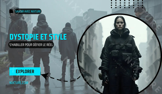 Abstract silhouettes in tactical streetwear stand out against a muted urban backdrop showcasing sculptural garments and combat boots, featuring the title "Dystopie et Style : S'habiller pour défier le réel"