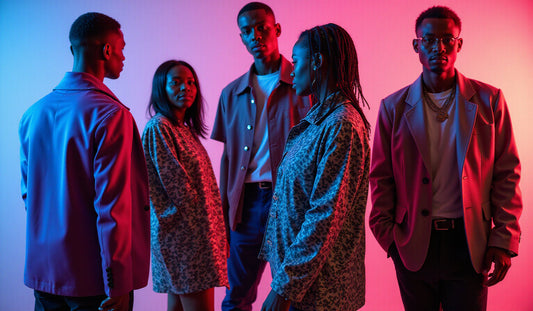 Vibrante scène urbaine avec un outfit streetwear dynamique aux motifs audacieux, sur fond minimaliste aux tons néon, reflet d'un art moderne