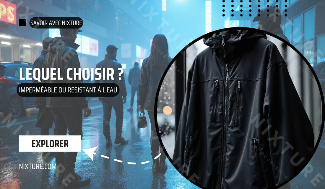 Paysage urbain où se superposent des tenues techniques et streetwear, agrémentées de vestes imperméables élégantes, évoquant une ambiance d'exploration moderne.