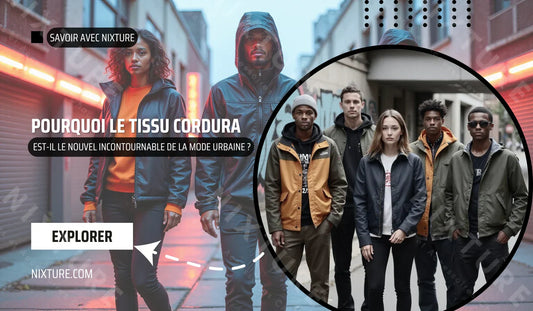 Des silhouettes techwear urbaines en CORDURA aux couleurs vibrantes mettent en valeur des textures superposées sur un fond de paysage urbain minimaliste rehaussé de touches néon.