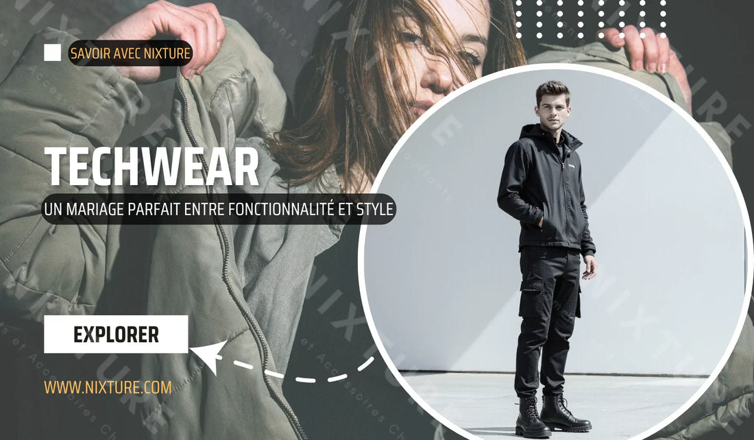 Silhouette en techwear se tenant dans un décor urbain minimaliste, vêtue d'une veste imperméable, pantalon cargo et chaussures audacieuses, titre "Techwear : un mariage parfait entre fonctionnalité et style" en typographie moderne