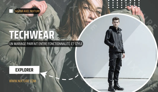 Silhouette en techwear se tenant dans un décor urbain minimaliste, vêtue d'une veste imperméable, pantalon cargo et chaussures audacieuses, titre "Techwear : un mariage parfait entre fonctionnalité et style" en typographie moderne