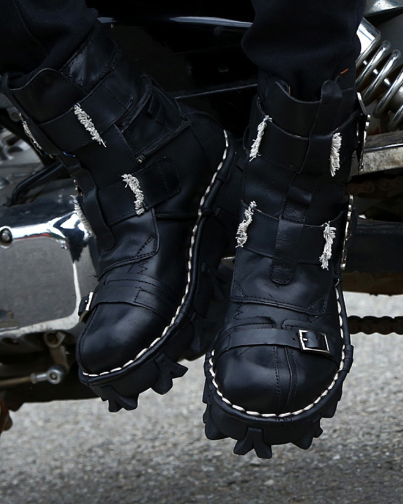 Bottes de Biker avec Crâne en Relief -  bottes en cuir - Bottes de Biker avec Crâne en Relief pour Aventuriers