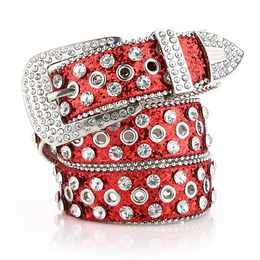 Ceinture Taille avec Strass Rouge Étincelant - ceinture - Ceinture Rouge Étincelante en Cuir avec Strass