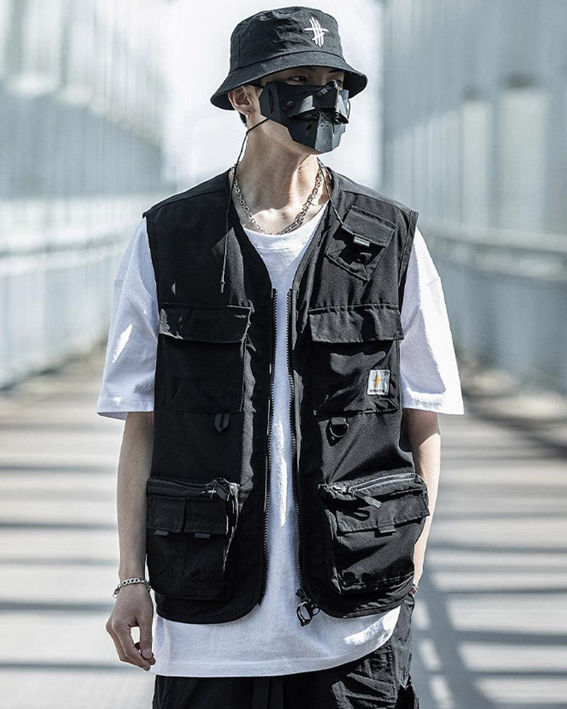 Gilet sans manches noir à poches multiples