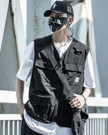 Gilet sans manches noir à poches multiples