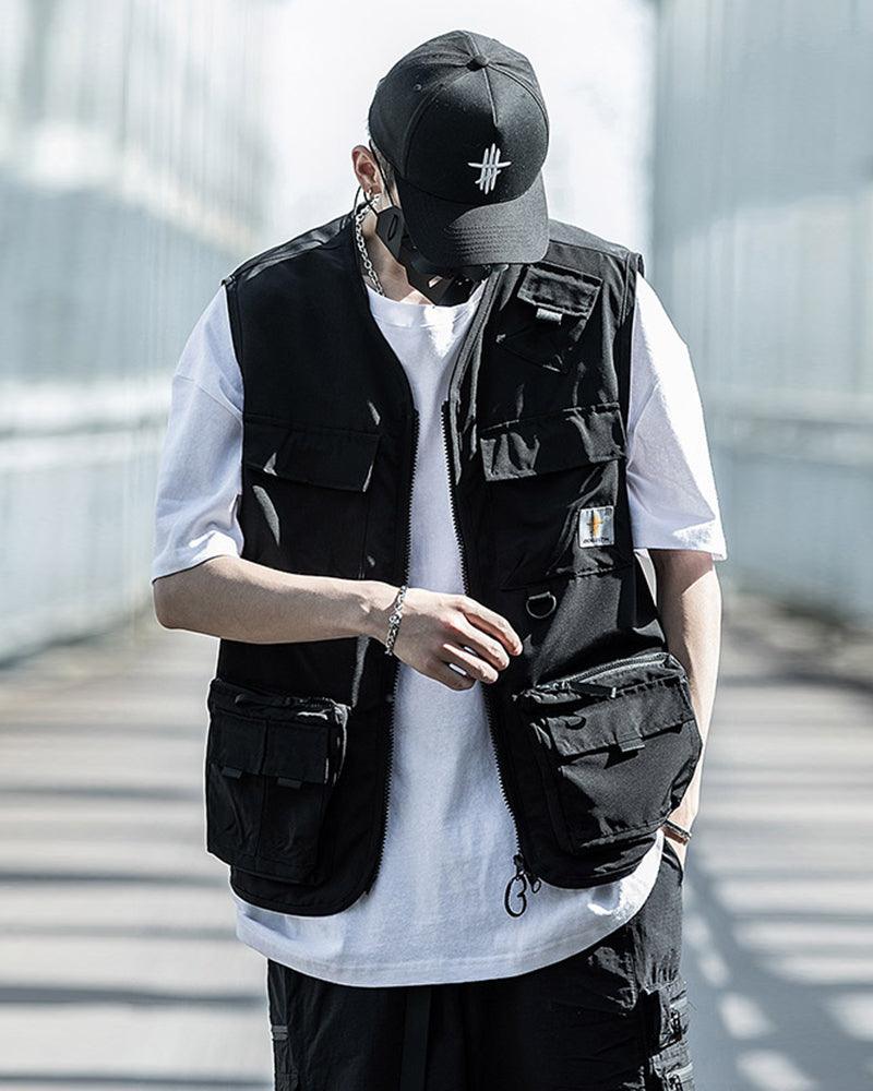 Gilet sans manches noir à poches multiples