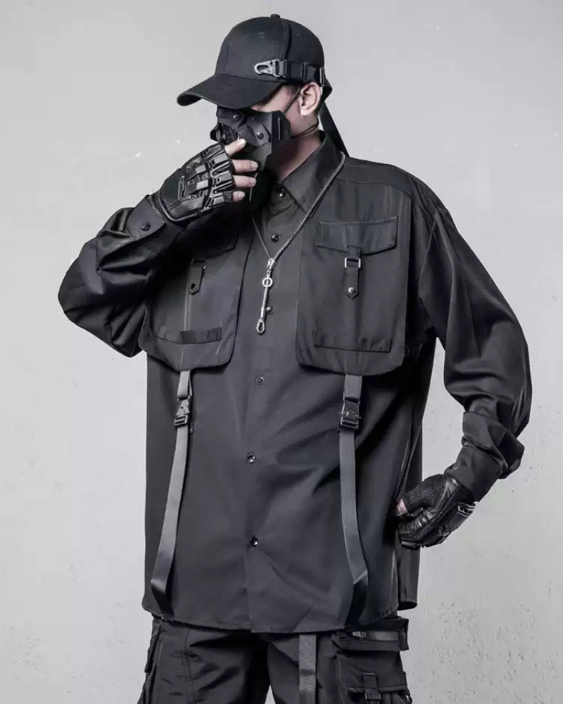 Chemise Haut Cargo Adaptable avec Couture en Ruban -  streetwear - Chemise Cargo Adaptable avec Couture en Ruban