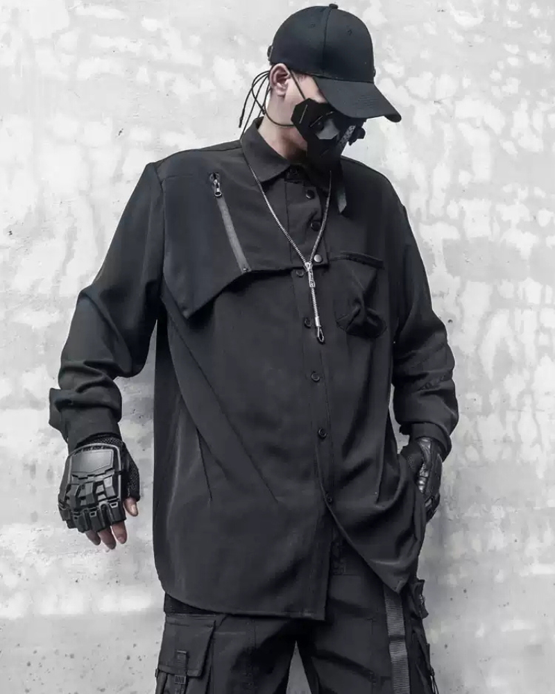 Chemise Haut Noir Chic à Manches Longues -  mode techwear - Chemise Noire Chic à Manches Longues pour un Style Urbain