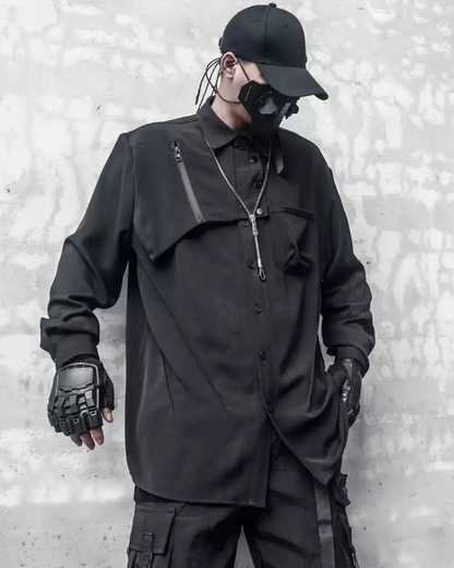 Chemise Haut Noir Chic à Manches Longues -  mode techwear - Chemise Noire Chic à Manches Longues pour un Style Urbain