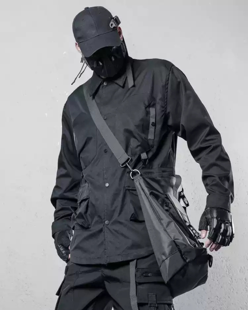 Chemise Utility Patchwork Élégante -  style techwear - Chemise Utility Patchwork Élégante en noir classique