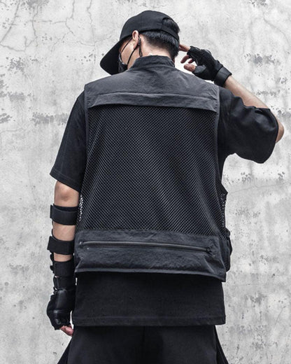 Gilet Cargo en Résille Chic -  festival - Gilet Cargo en Résille Chic pour un Style Techwear