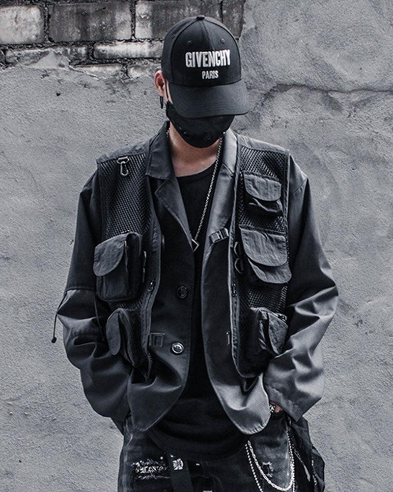 Gilet Cargo en Résille Chic -  stylé - Gilet Cargo en Résille Chic pour un Style Techwear