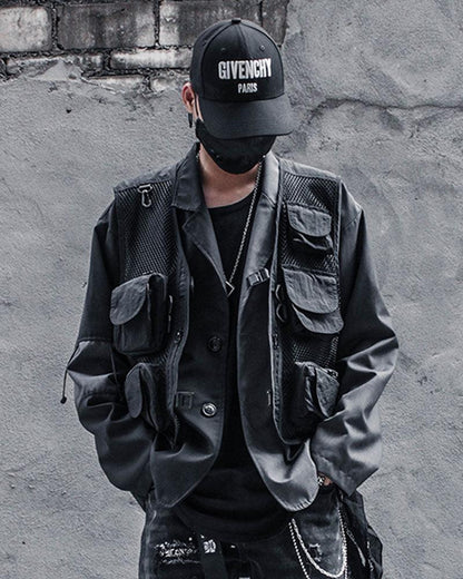 Gilet Cargo en Résille Chic -  stylé - Gilet Cargo en Résille Chic pour un Style Techwear