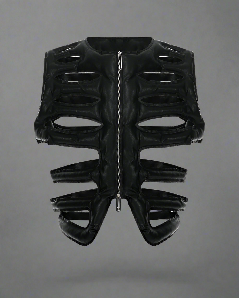 Gilet Chic en PU Creux -  gilet noir - Gilet Chic en PU avec Design Futuriste