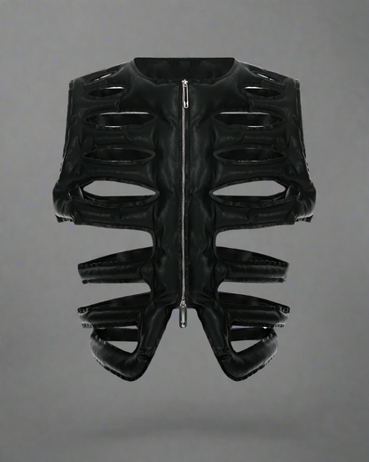 Gilet Chic en PU Creux -  gilet noir - Gilet Chic en PU avec Design Futuriste