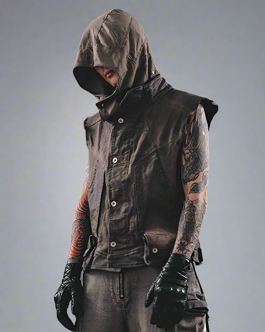 Gilet Géométrique Stylé - gilet - Gilet géométrique stylé en coton marron