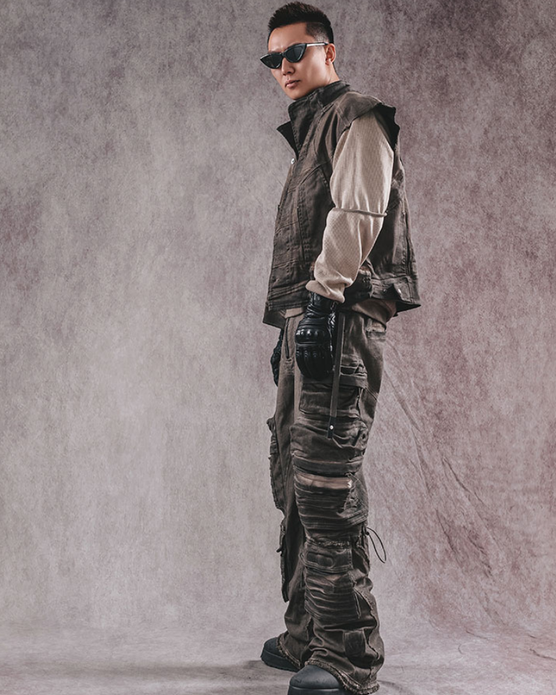 Gilet Géométrique Stylé -  vestes techwear - Gilet géométrique stylé en coton marron