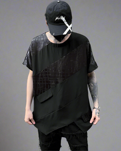 Haut Chic à Ourlet Patchwork -  mode grunge cyberpunk - Haut Chic à Ourlet Patchwork pour style techwear