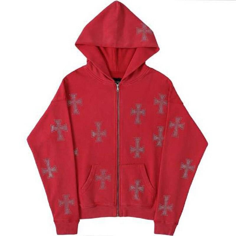 Hoodie avec Croisé en Strass Brillant -  gothique - Hoodie Unisexe Gothique en Coton avec Strass