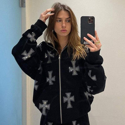 Hoodie avec Croisé en Strass Brillant - hoodie - Hoodie Unisexe Gothique en Coton avec Strass