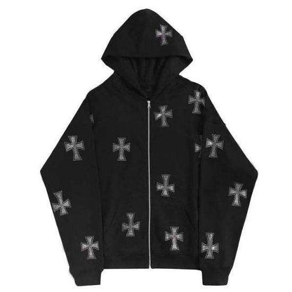 Hoodie avec Croisé en Strass Brillant -  strass - Hoodie Unisexe Gothique en Coton avec Strass