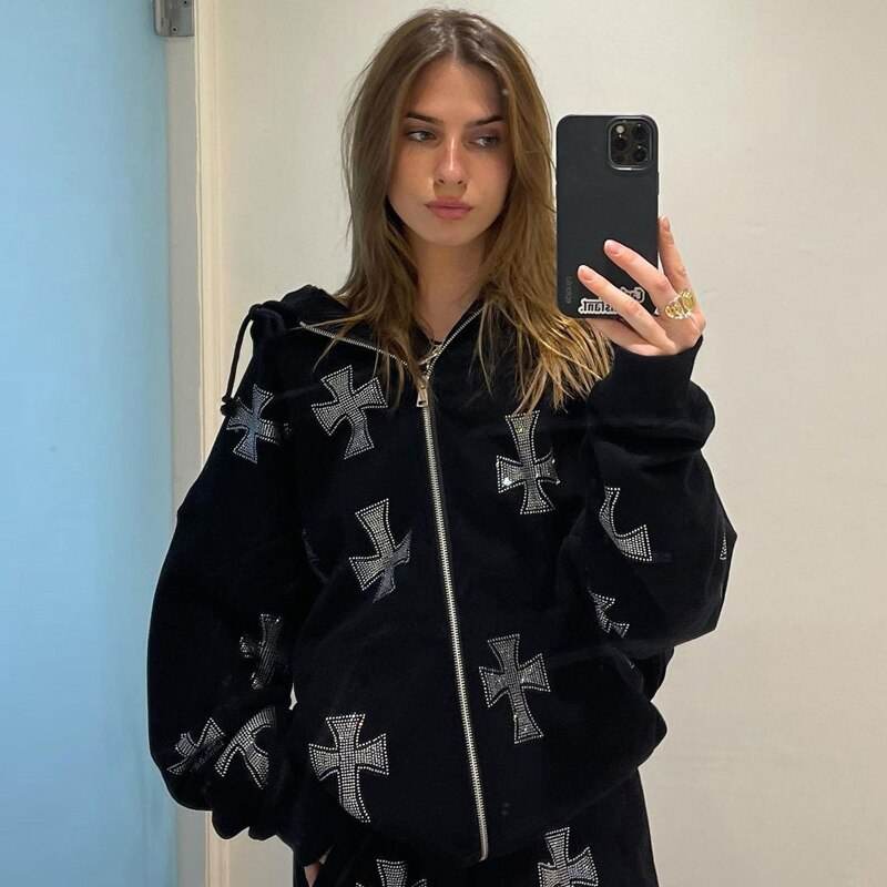 Hoodie avec Croisé en Strass Brillant -  style gothique - Hoodie Unisexe Gothique en Coton avec Strass