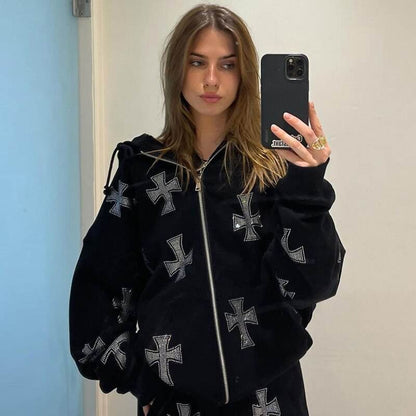 Hoodie avec Croisé en Strass Brillant -  style gothique - Hoodie Unisexe Gothique en Coton avec Strass