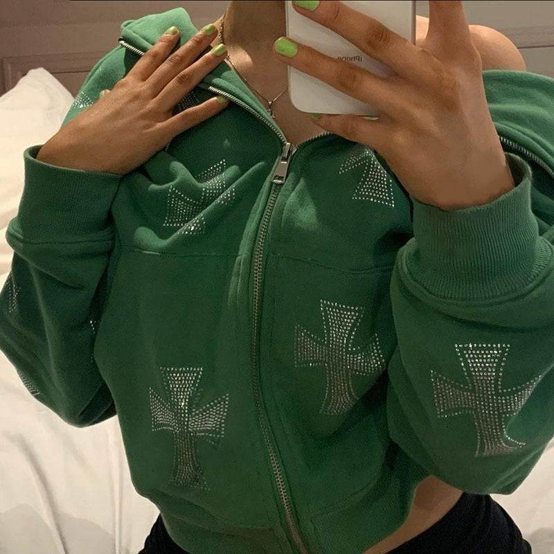 Hoodie avec Croisé en Strass Brillant -  style gothique - Hoodie Unisexe Gothique en Coton avec Strass