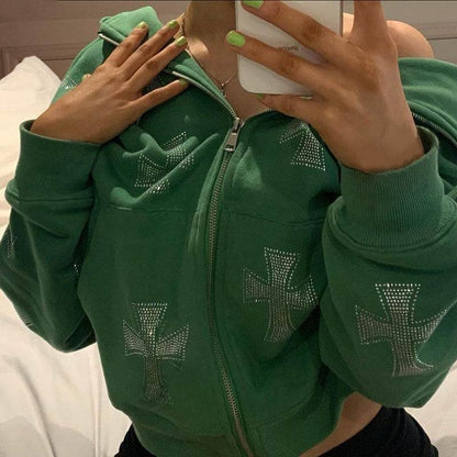 Hoodie avec Croisé en Strass Brillant -  style gothique - Hoodie Unisexe Gothique en Coton avec Strass