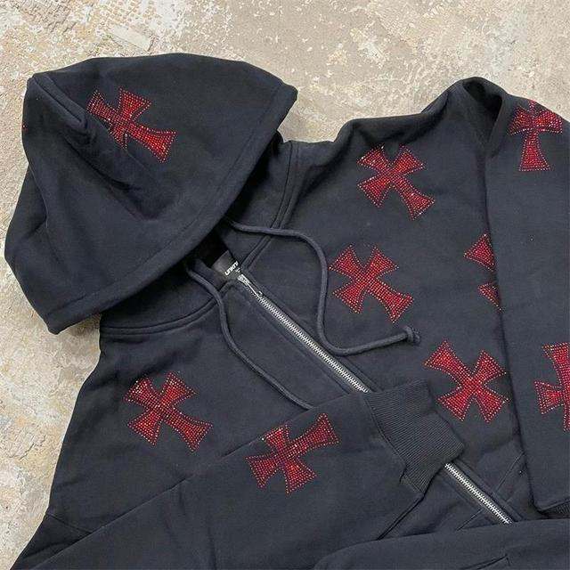 Hoodie avec Croisé en Strass Brillant - veste Y2K - Hoodie Unisexe Gothique en Coton avec Strass