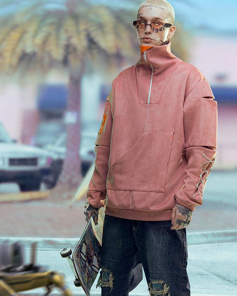 Hoodie Col Roulé en Suède Futuriste -  futuriste - Hoodie Col Roulé en Suède au Style Futuriste