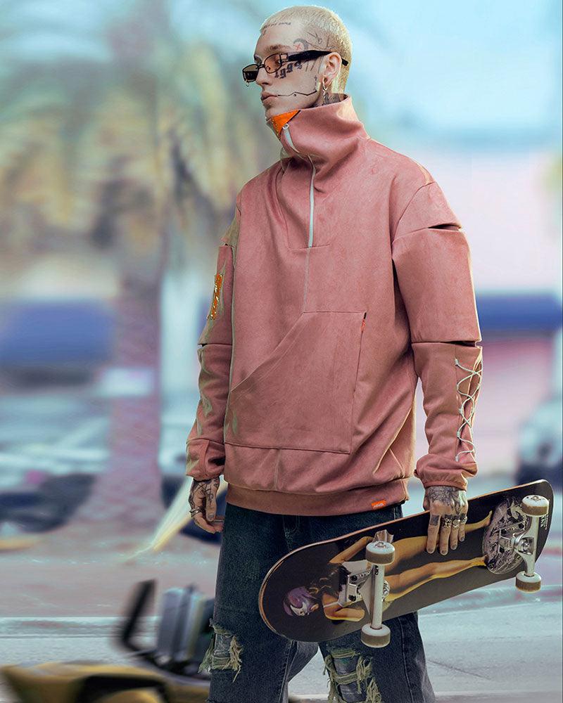 Hoodie Col Roulé en Suède Futuriste -  hoodie confortable - Hoodie Col Roulé en Suède au Style Futuriste