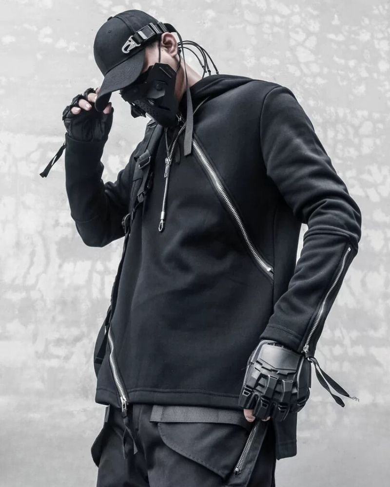 Hoodie à Double Zip Dynamique -  double zip - Hoodie à Double Zip au Style Urbain et Futuriste