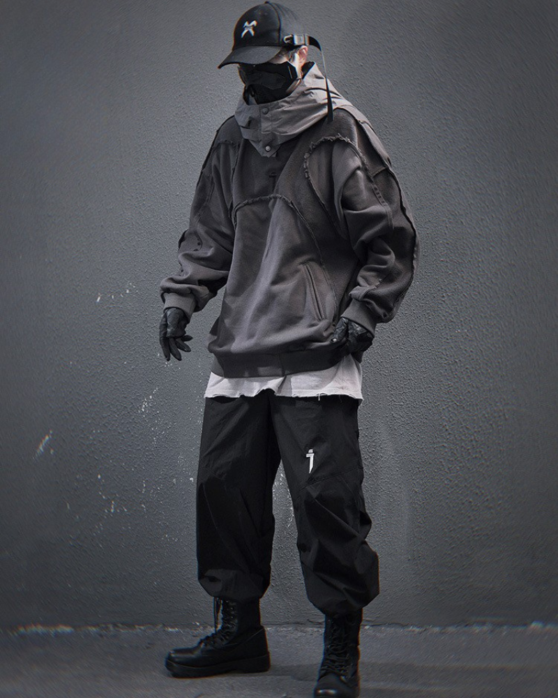 Hoodie Patchwork Délavé Chic -  techwear - Hoodie Chic Délavé au Design Unique et Élégant