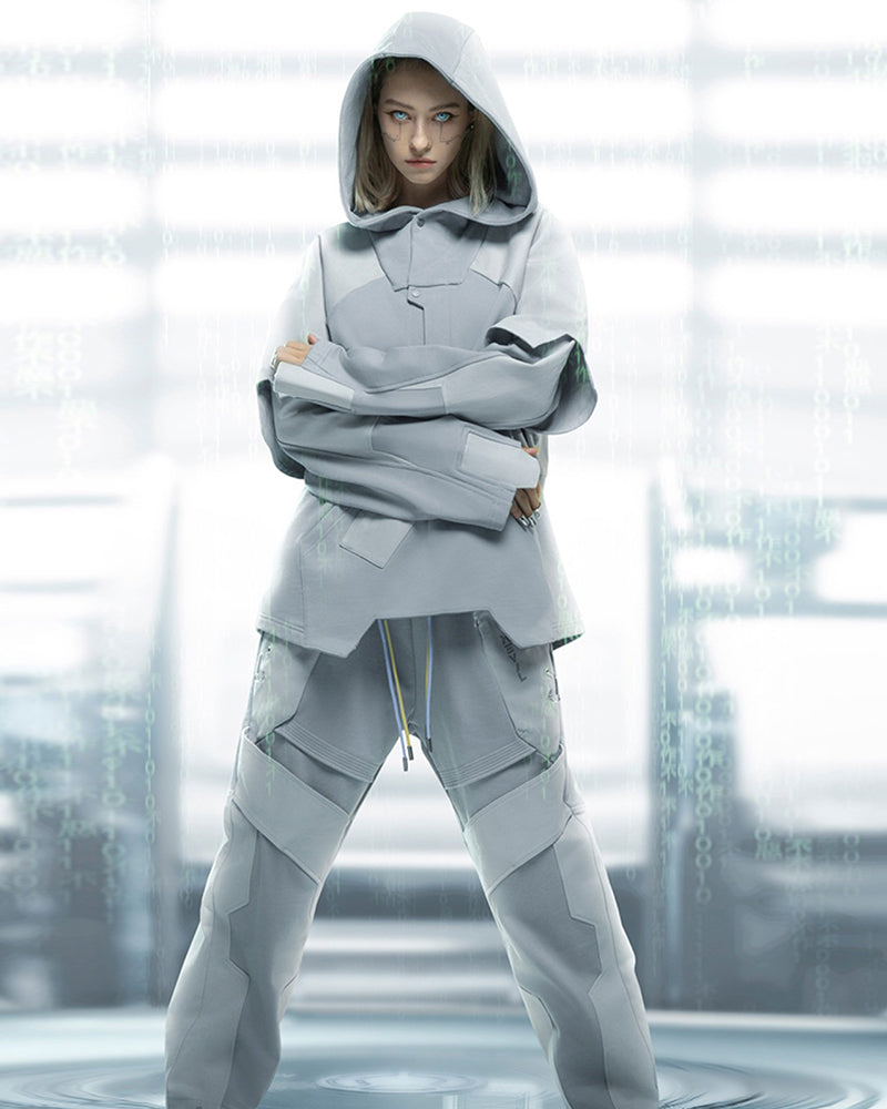 Hoodie Patchwork Fantôme Futuriste -  confort - Hoodie Patchwork Futuriste en Blanc pour un Style Unique