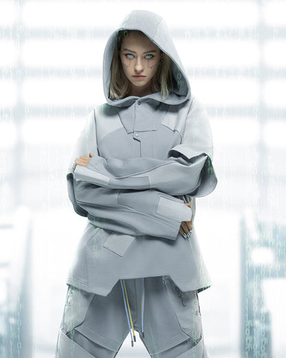 Hoodie Patchwork Fantôme Futuriste - hoodie - Hoodie Patchwork Futuriste en Blanc pour un Style Unique