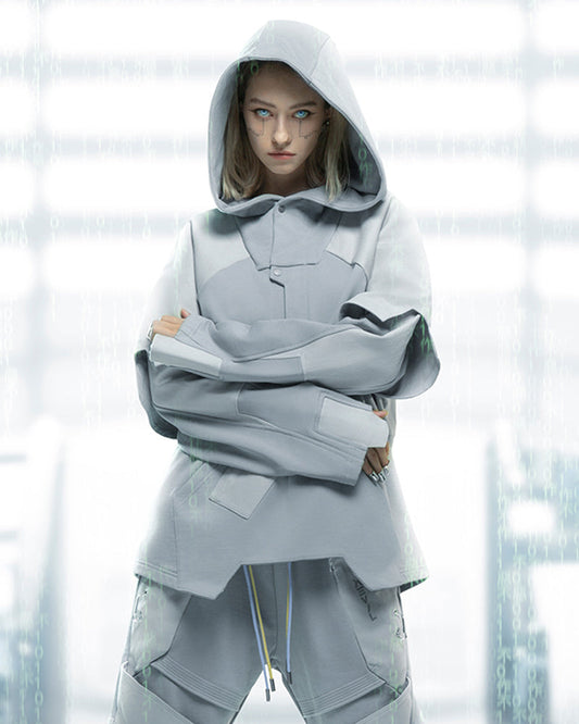 Hoodie Patchwork Fantôme Futuriste - hoodie - Hoodie Patchwork Futuriste en Blanc pour un Style Unique